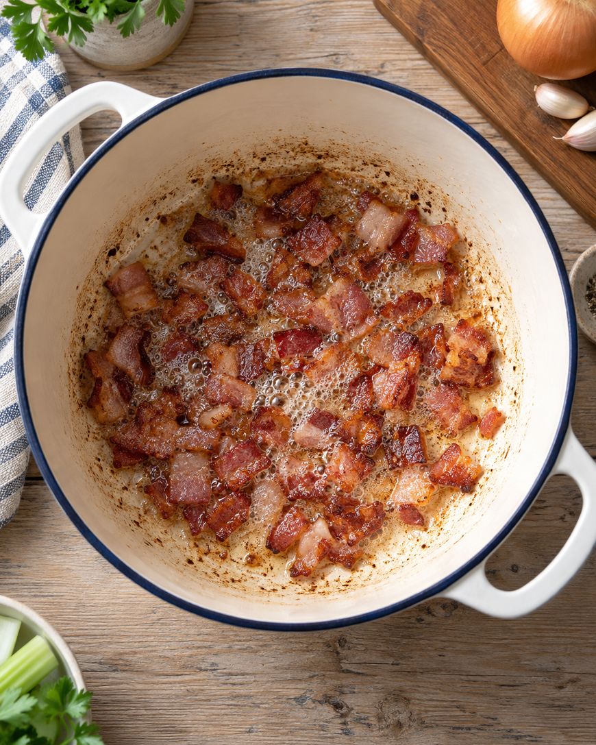 Crispy diced bacon cooking in a white Dutch oven, surrounded by fresh vegetables and ingredients on a wooden countertop.