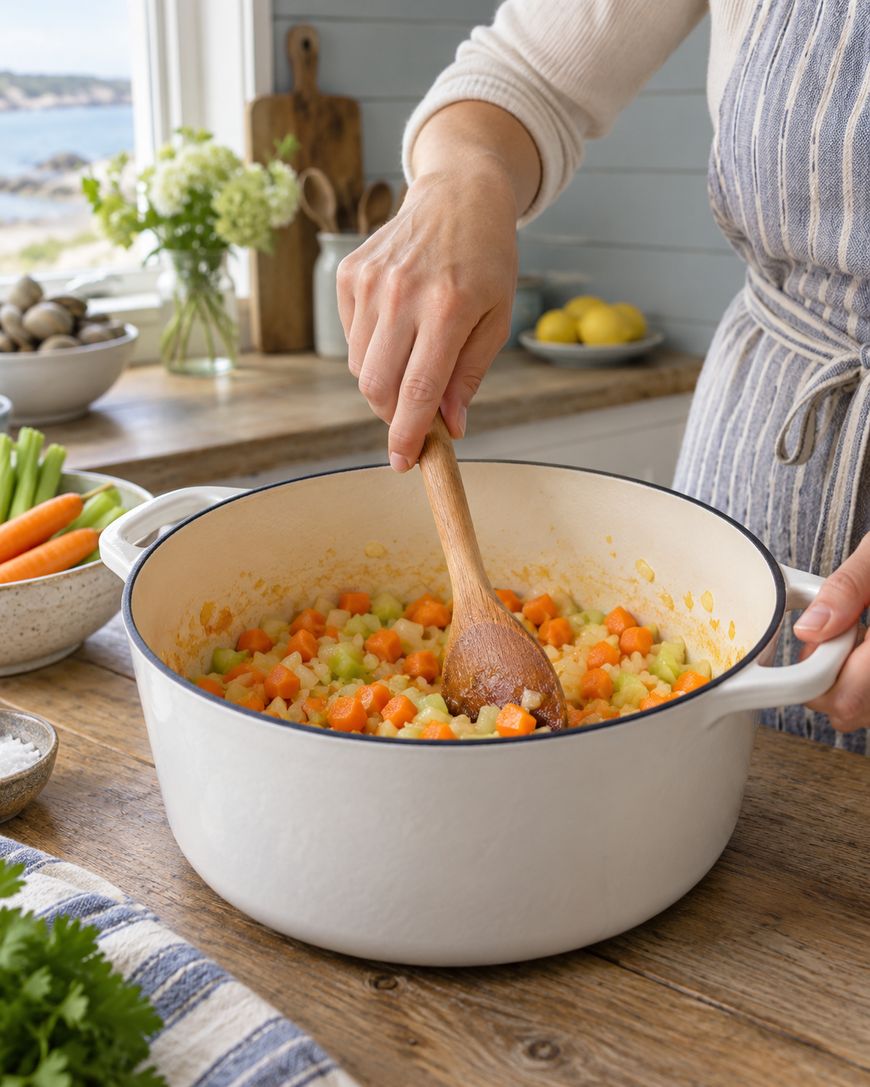 Person in a striped apron stirs diced carrots, celery, and onions in a large white pot on a wooden kitchen counter, with fresh vegetables and flowers in the background.