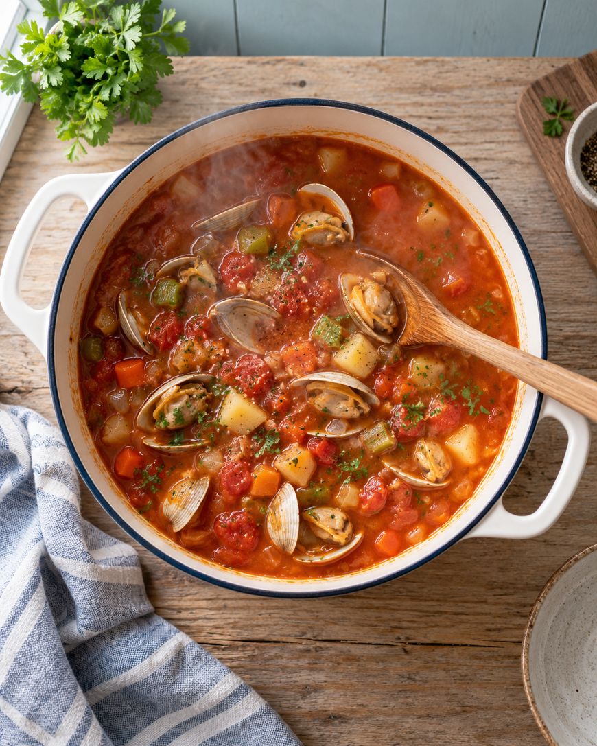 A pot of tomato-based clam chowder with potatoes, carrots, okra, and clams sits on a wooden table. A wooden spoon rests inside the pot. A striped towel and parsley garnish are nearby. Steam rises from the soup.