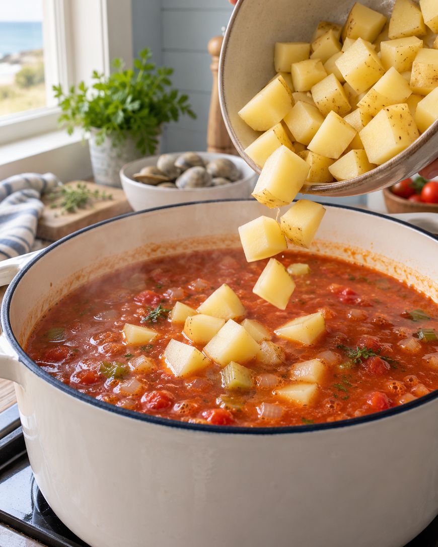 Diced potatoes are being poured into a white pot filled with tomato-based soup on a stove, with fresh herbs and vegetables in the background.
