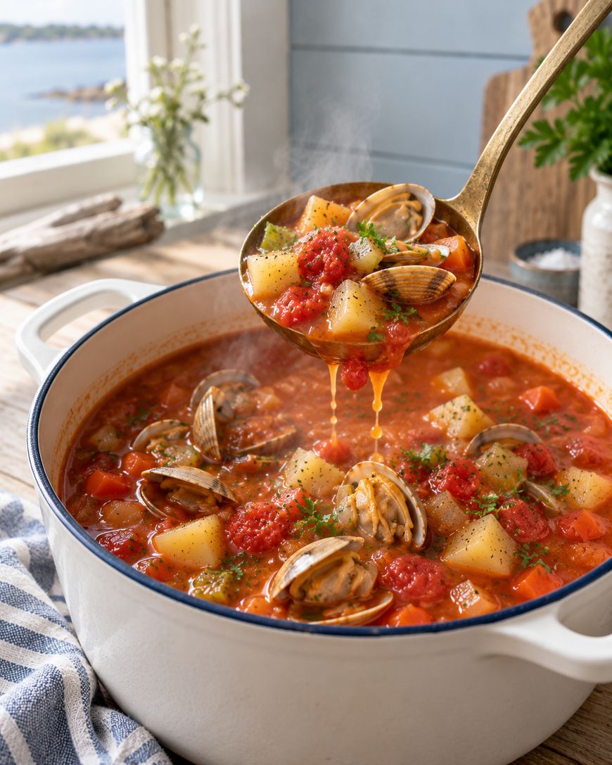 A ladle lifts chunky clam and potato stew from a white pot filled with tomato-based broth, clams, potatoes, and herbs. The pot sits on a wooden table by a window with a coastal view.