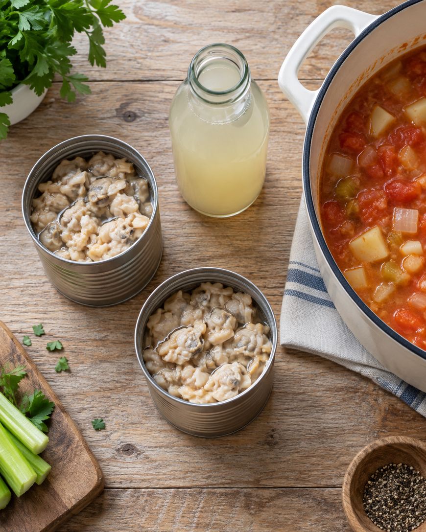 Two open cans of clam chowder sit on a wooden table near a pot of tomato-based soup, a glass bottle of broth, parsley, chopped celery, and a bowl of black pepper.