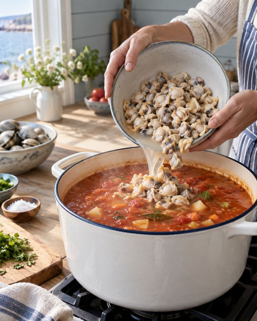 A person adds chopped clams from a bowl into a pot of tomato-based soup on a stove. Fresh herbs, salt, and a bowl of raw clams are nearby. Sunlight streams in through a window decorated with flowers.