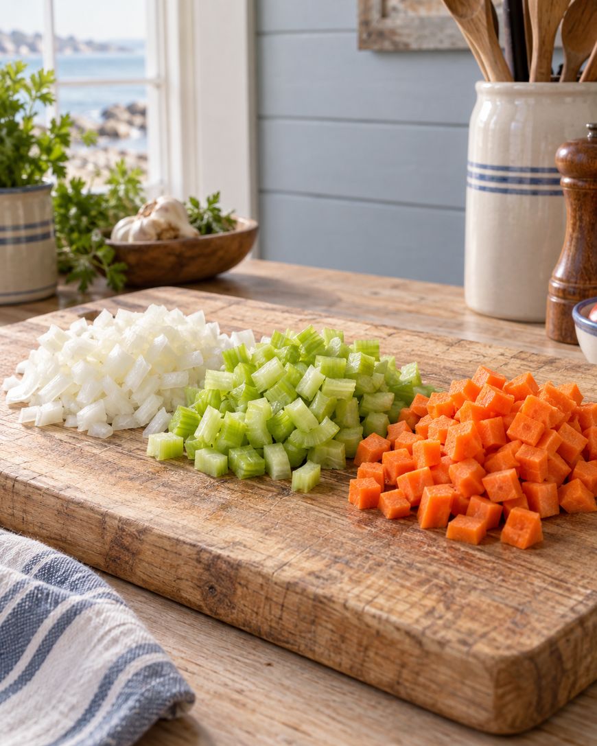 Chopped onions, celery, and carrots are neatly arranged in rows on a wooden cutting board. The scene is set in a bright kitchen with a window overlooking the water.