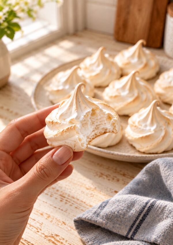 A hand holds a bitten meringue cookie above a plate of whole meringues on a sunlit table with a blue-striped towel nearby.