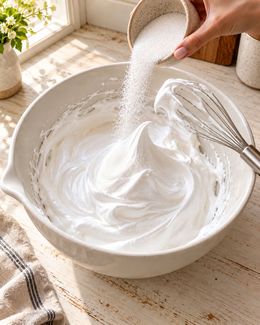 A hand pours sugar into a bowl of glossy whipped meringue, with a whisk resting inside the bowl on a wooden table near a sunlit window.