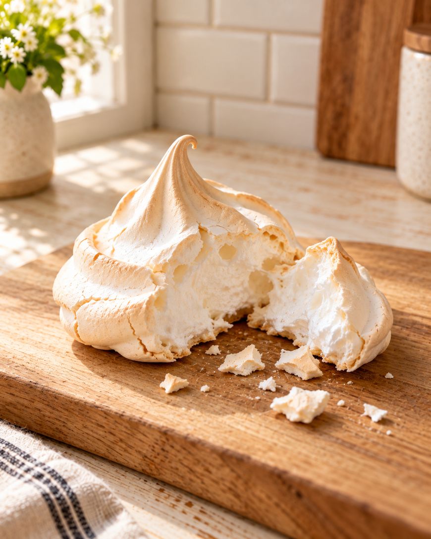 A large meringue with a crisp, golden top sits broken on a wooden board; crumbs are scattered around. Sunlight streams through a window, highlighting a cozy kitchen scene.