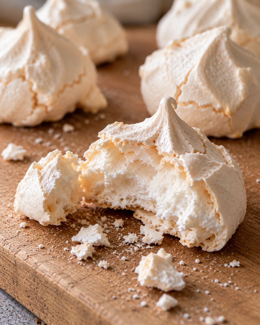 Several airy meringue cookies sit on a wooden surface, with one broken open in the center, showing a crisp texture inside and surrounded by scattered crumbs.