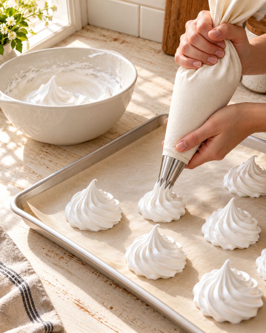 A person pipes swirls of white meringue onto a parchment-lined baking sheet, with a bowl of whipped meringue and sunlight streaming through a nearby window.