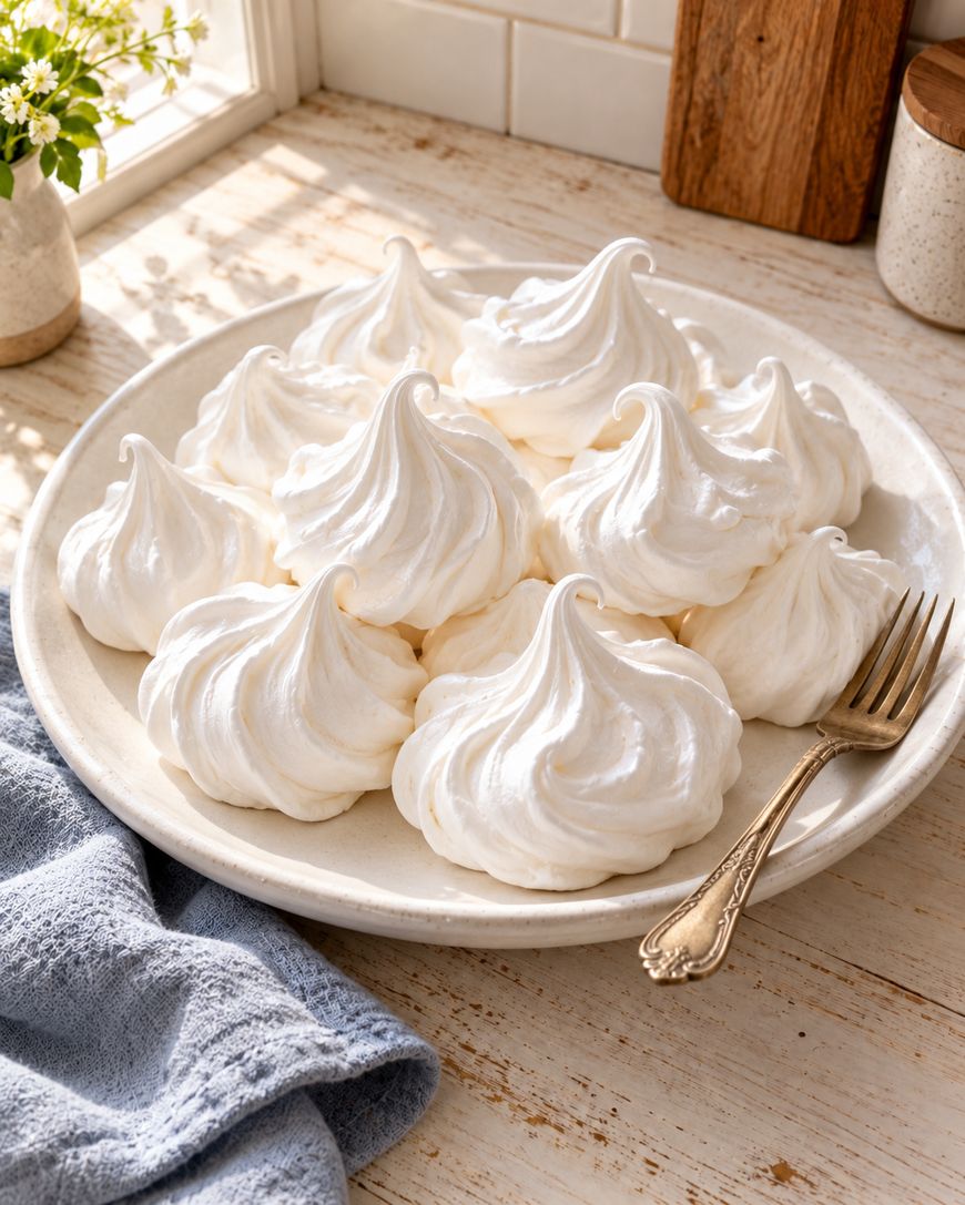A plate of white, swirled meringue cookies sits on a wooden table by a window, with a fork on the plate and a blue cloth napkin nearby.