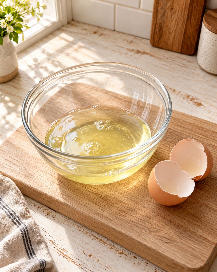 A glass bowl with raw egg whites beside two empty eggshell halves sits on a wooden cutting board near a window, with sunlight streaming onto a white countertop.