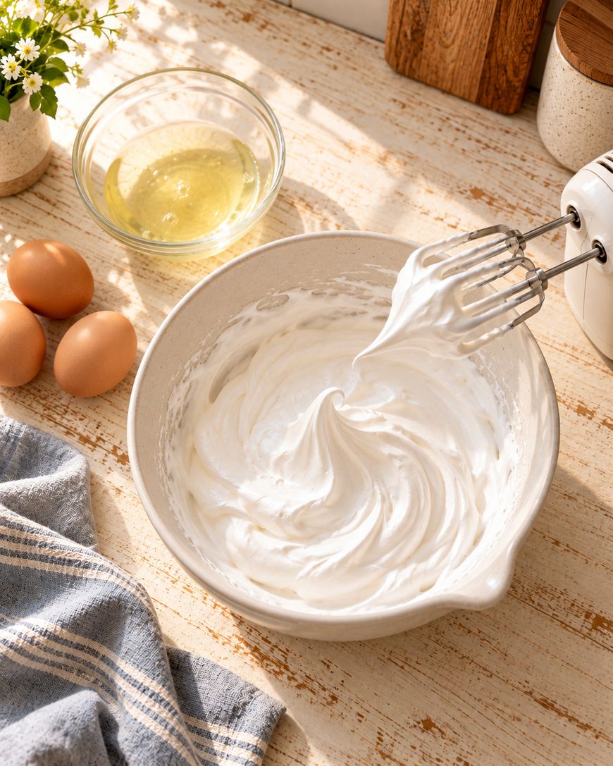 A bowl of whipped egg whites with stiff peaks, a hand mixer, three whole eggs, a bowl of egg yolks, a blue-striped towel, and flowers on a sunlit wooden surface.
