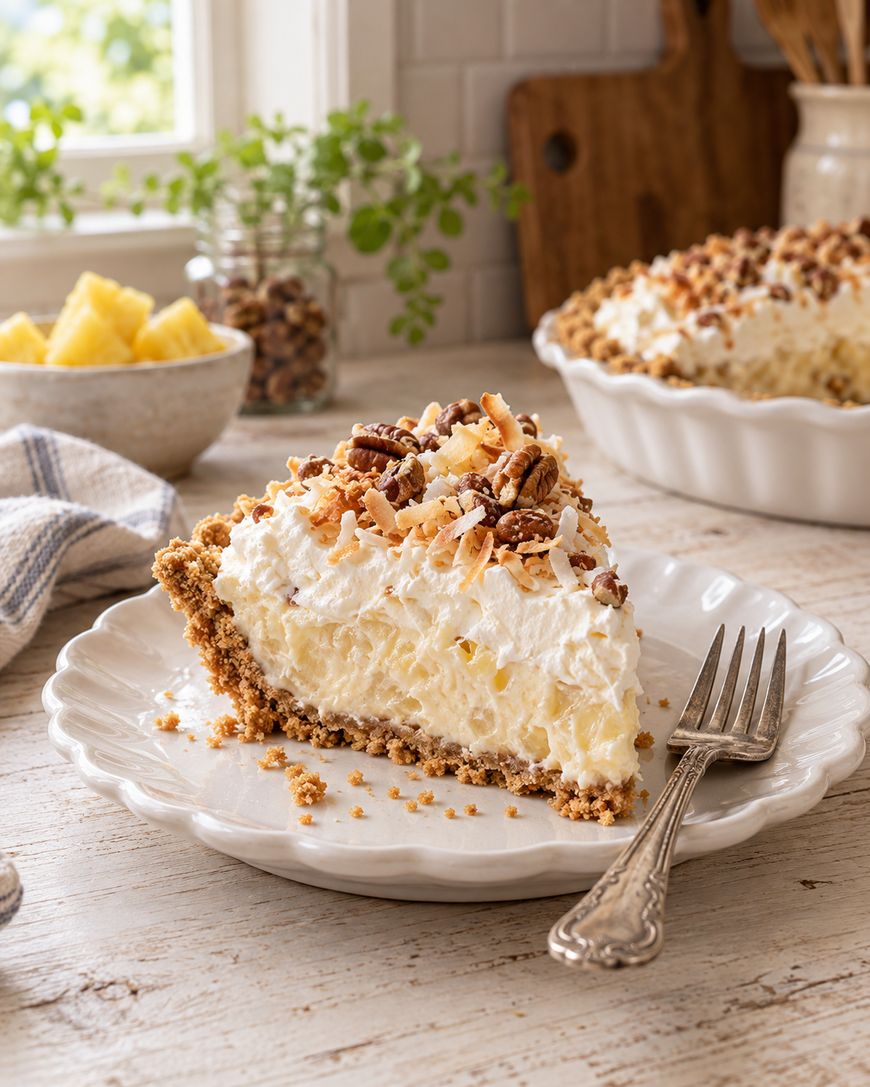 A slice of creamy pie topped with whipped cream, toasted coconut, and pecans on a white plate with a fork