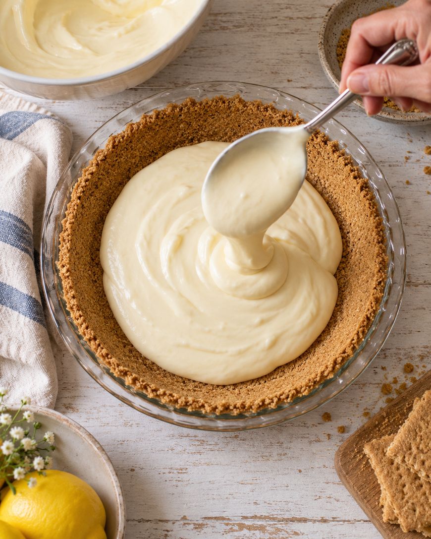A hand spreads creamy pie filling with a spoon into a graham cracker crust in a glass pie dish