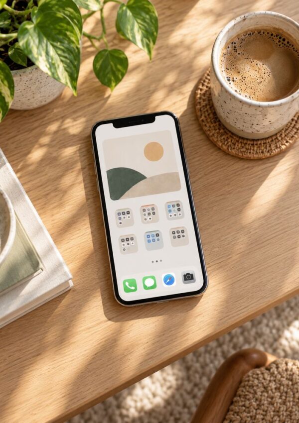 A smartphone with a minimalist home screen lies on a wooden table next to a cup of coffee, a plant, and a closed book. Sunlight casts soft shadows across the scene.