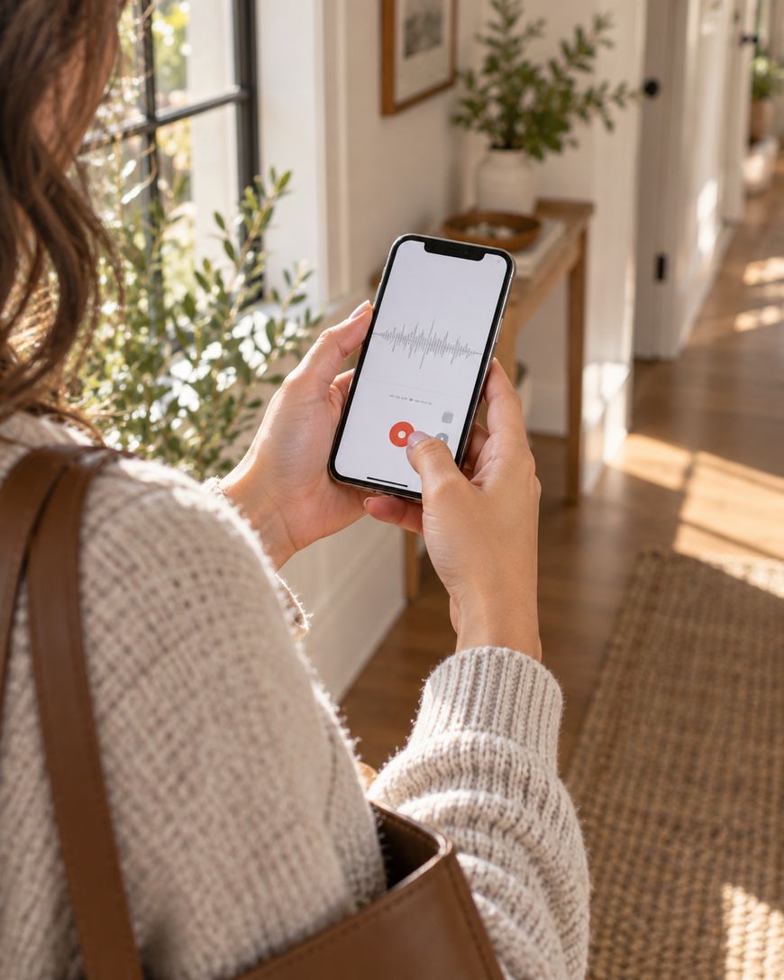 A person wearing a beige sweater holds a smartphone, recording audio as visible on the screen, while standing in a bright, cozy hallway with plants and natural light.