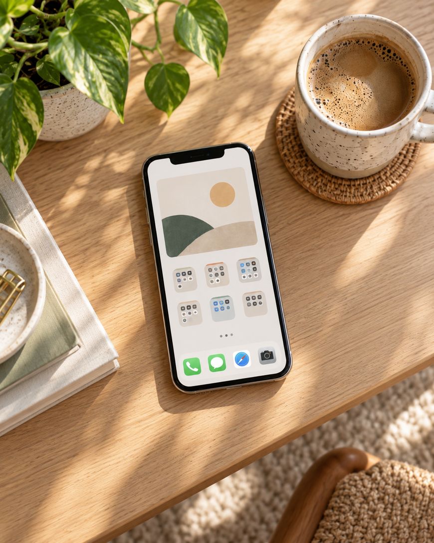 A smartphone with a minimal home screen lies on a wooden table next to a cup of coffee, a plant in a pot, and a notebook. Sunlight brightens the cozy scene.