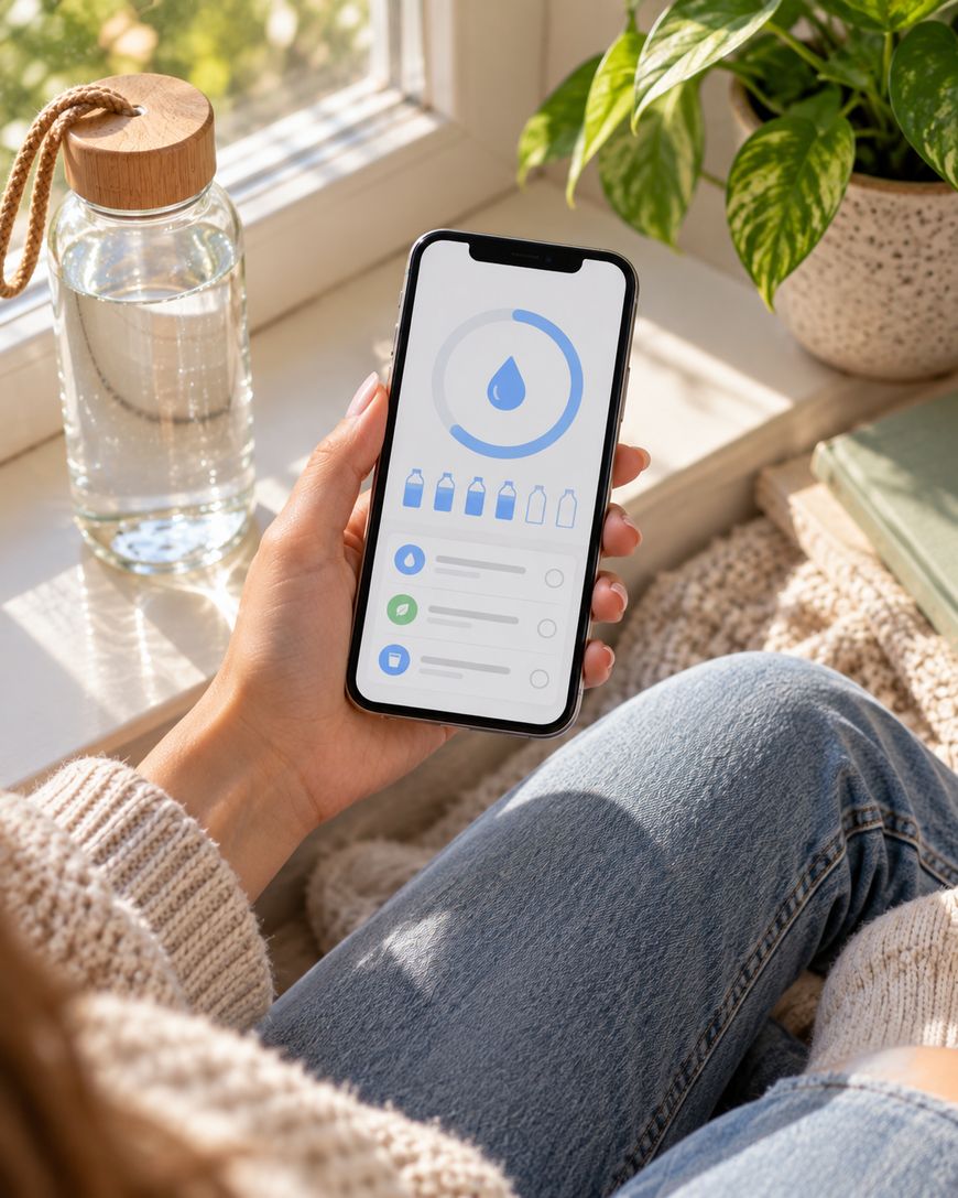 Person holding a smartphone showing a water tracking app, sitting by a window with a glass water bottle and a potted plant nearby. The app displays daily water intake progress.