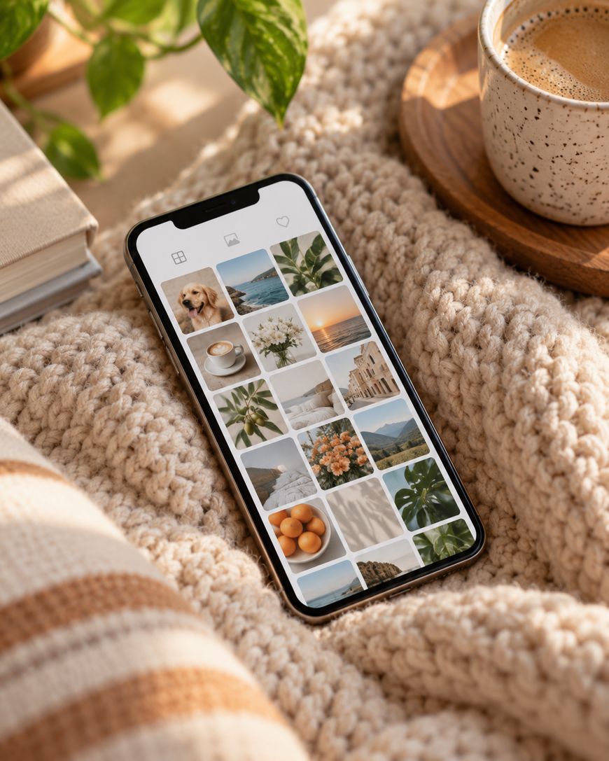 A smartphone displaying a photo gallery rests on a chunky knit blanket next to a cup of coffee, a book, and a green plant in soft natural light.
