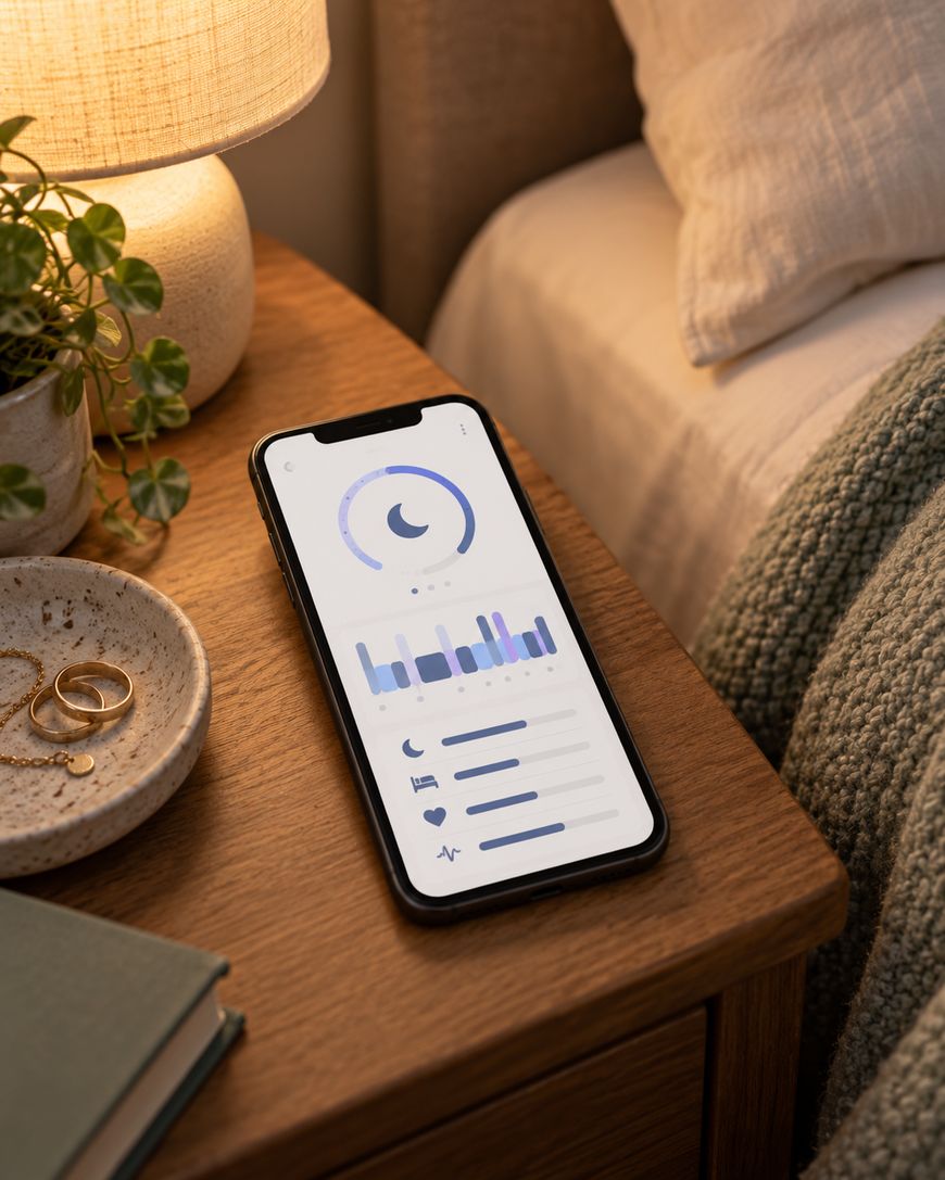 A smartphone displaying a sleep tracking app rests on a wooden bedside table next to a lamp, plant, jewelry dish, and a knitted blanket on a bed.