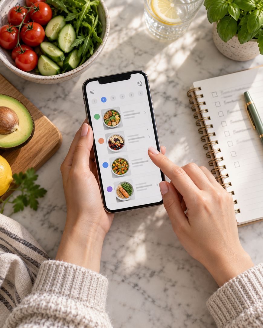 A person uses a smartphone to browse food photos. Fresh vegetables, a notepad with a checklist, a pen, and a glass of lemon water are on the marble table.