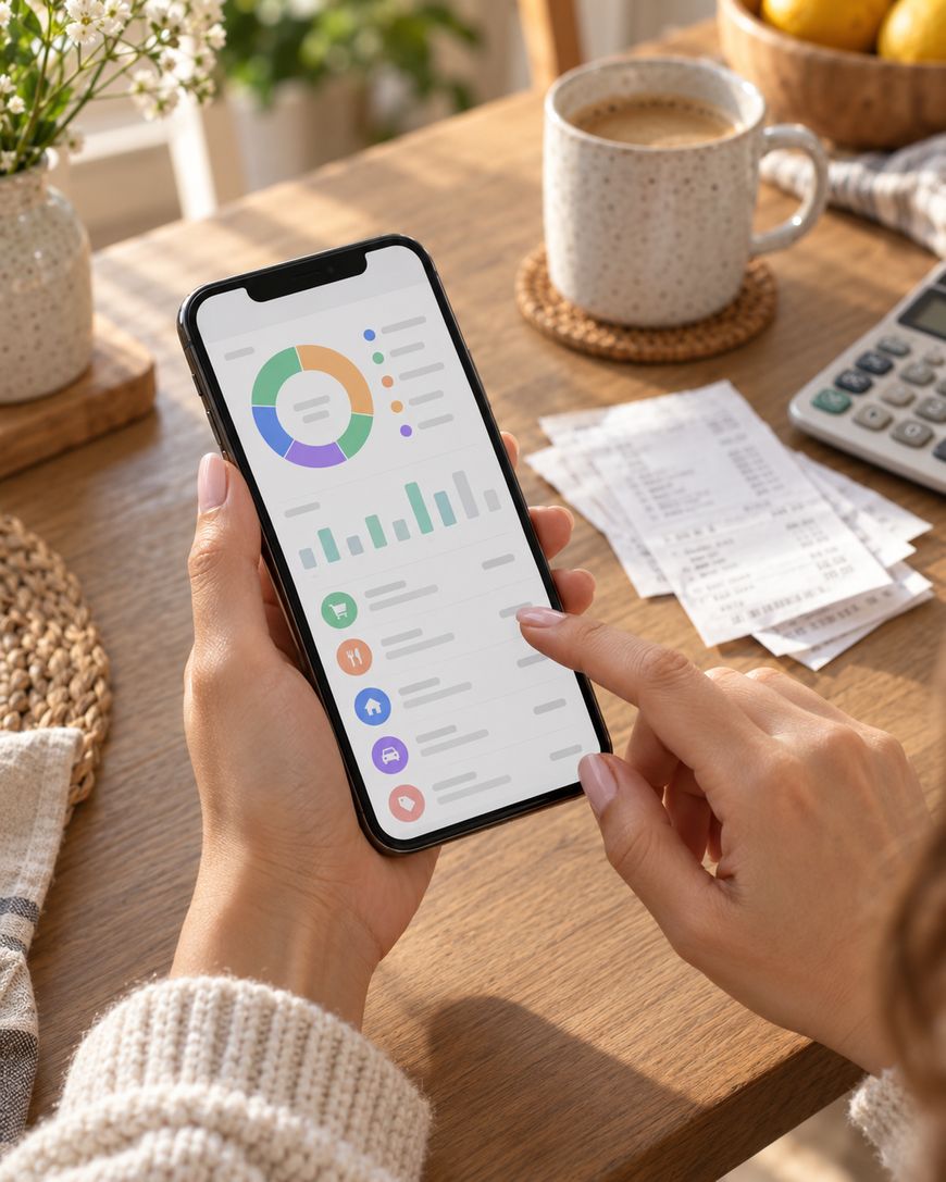 A person holds a smartphone displaying colorful financial charts. In the background, there are receipts, a calculator, a cup of coffee, and a fruit bowl on a wooden table.