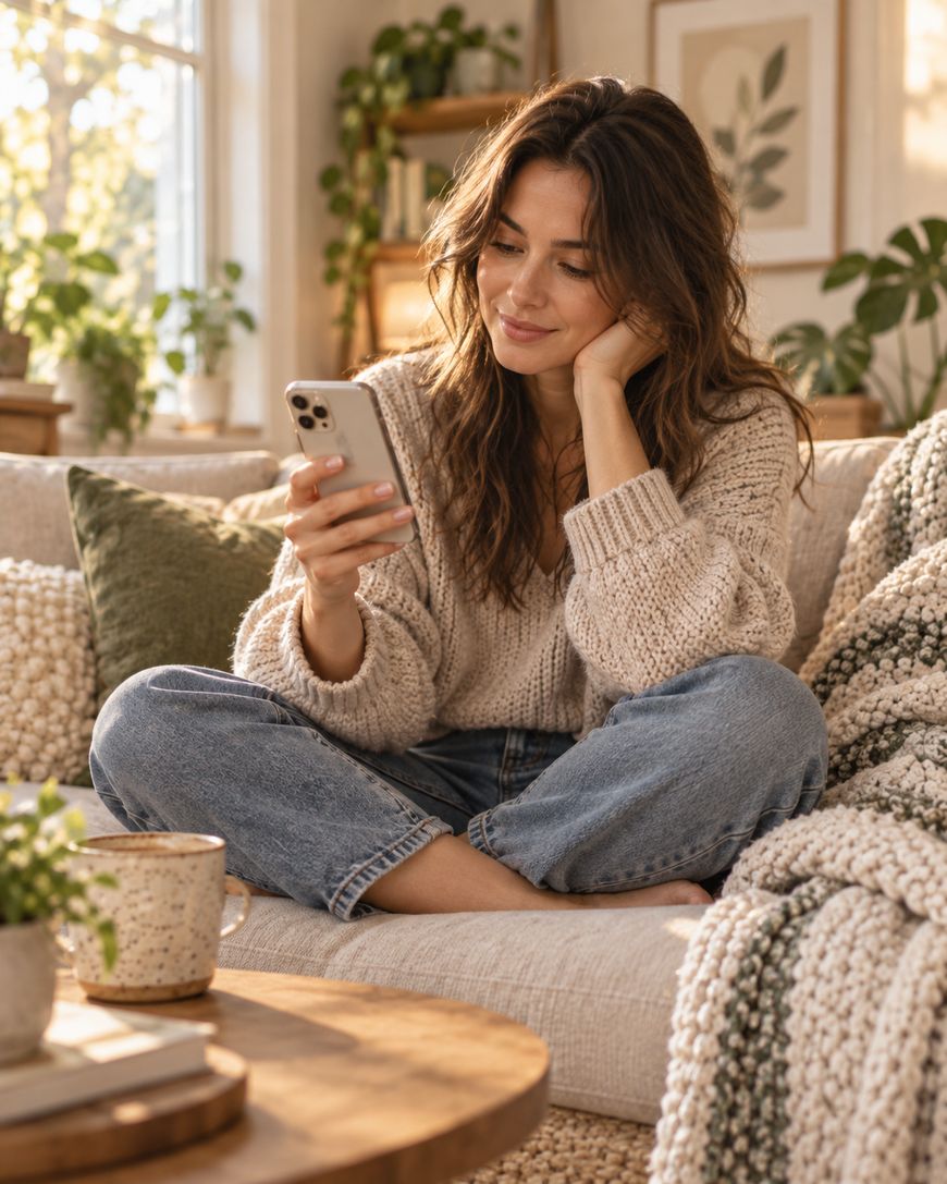 A woman with long hair sits cross-legged on a cozy couch, smiling at her smartphone. She wears a knit sweater and jeans. A mug and blanket are on the coffee table, and the room has plants and framed art.