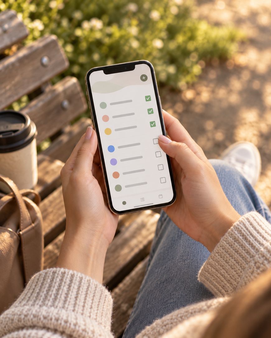 Person holding a smartphone with a checklist app open, sitting on a bench outside. A coffee cup and bag are next to them. Sunlight and greenery are visible in the background.