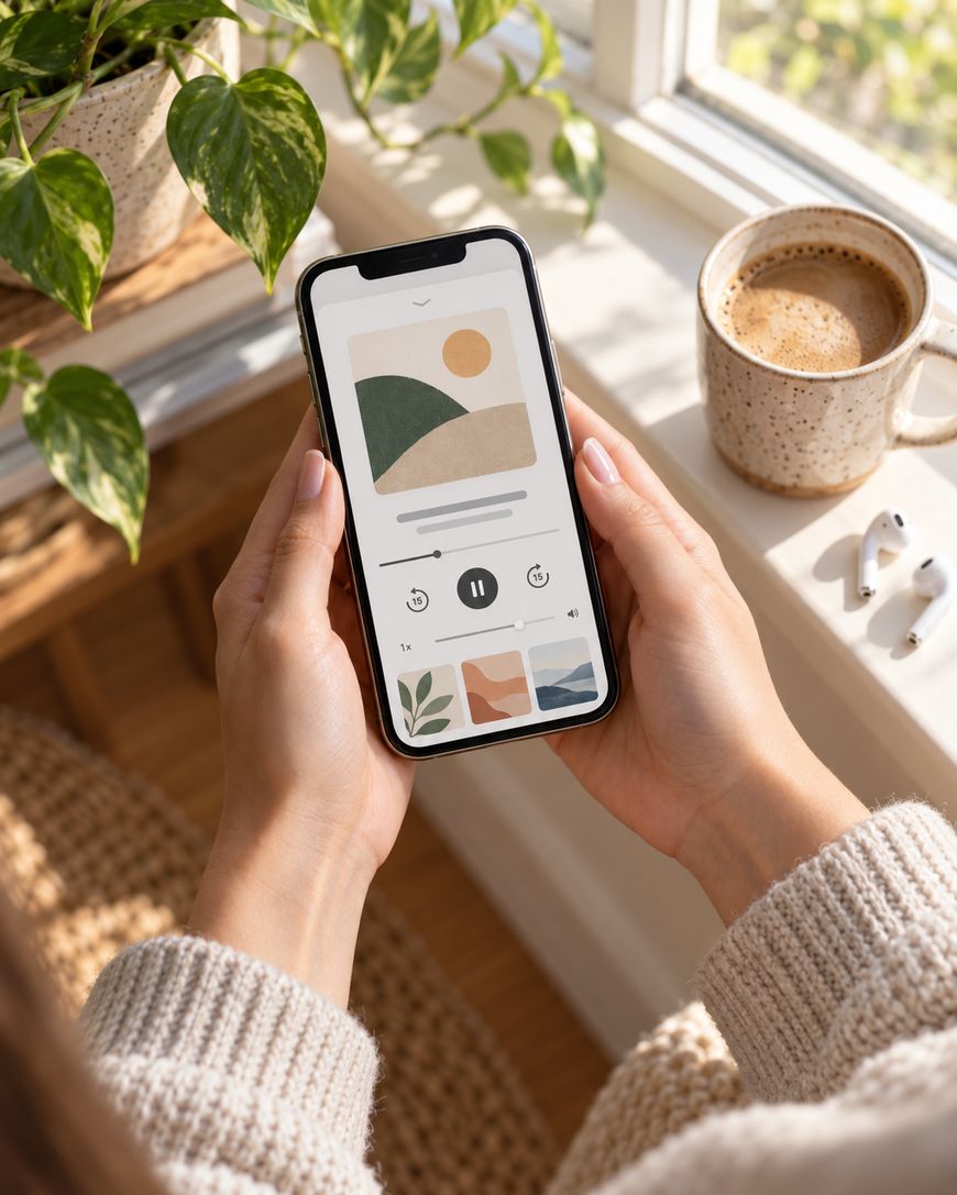 Person holding a smartphone displaying abstract art and music controls, sitting by a window with a coffee cup, plant, and wireless earbuds nearby.