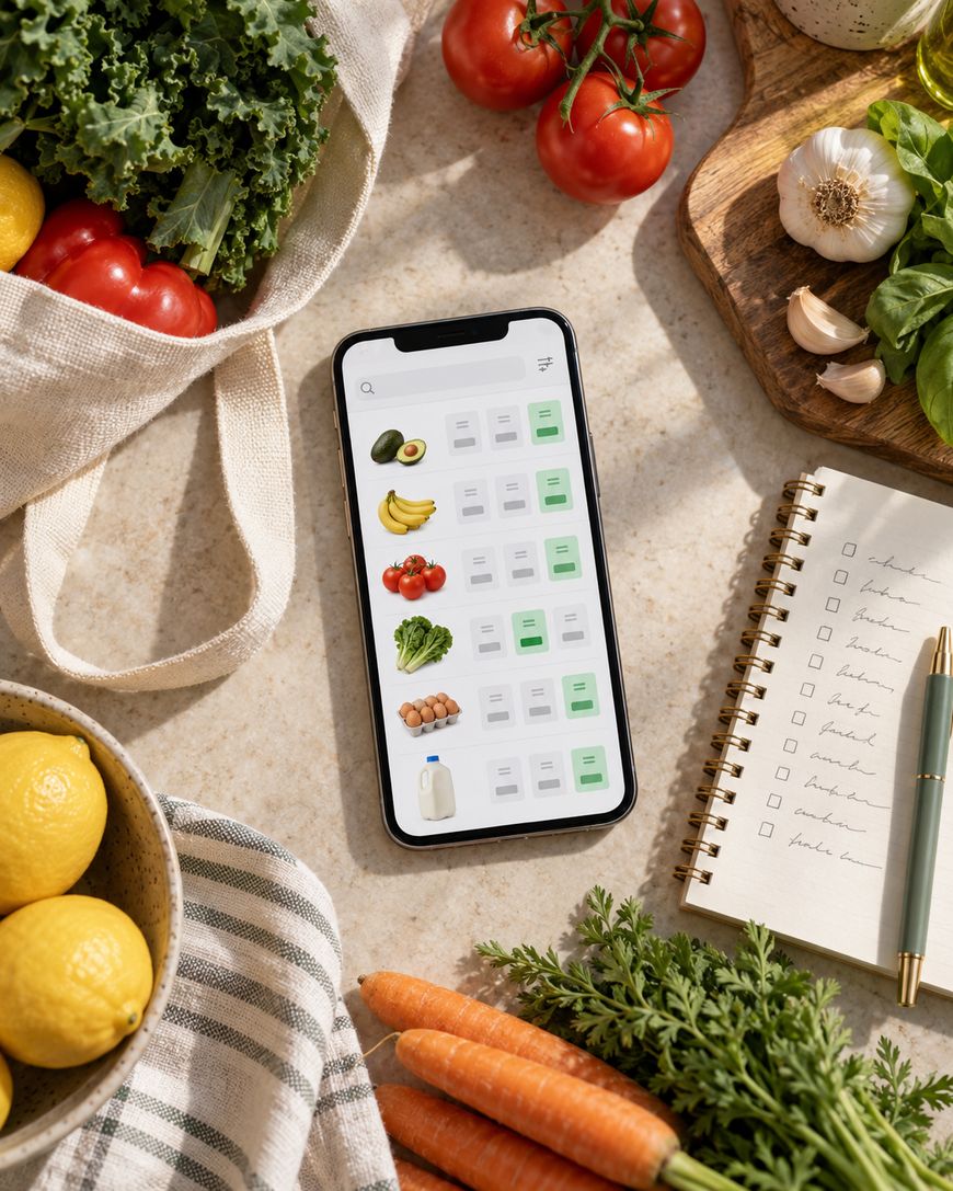 A smartphone with a grocery shopping app is on a counter surrounded by fresh vegetables, lemons, and a notepad with a checklist. A pen, cloth towel, and tote bag are also visible.