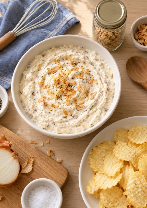 A bowl of creamy onion dip topped with crispy onions, surrounded by ridged potato chips, a jar of fried onions, seasonings, a whisk, and a wooden spoon on a light wooden table.