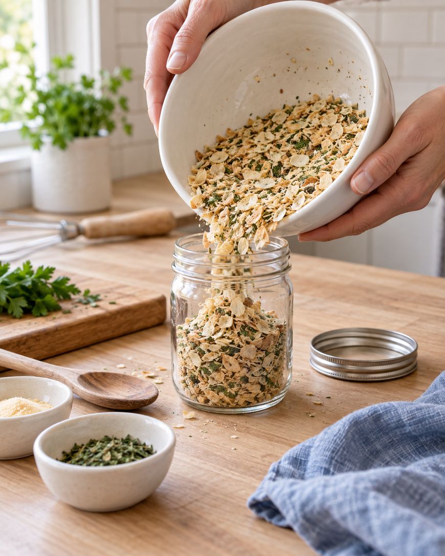 A person pours a homemade dry soup mix from a white bowl into a glass jar on a kitchen counter, with herbs and utensils nearby.