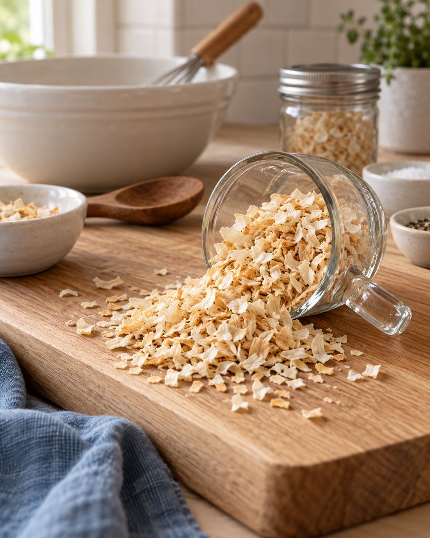 A glass cup tipped over on a wooden cutting board, spilling dried onion flakes. Nearby are small bowls, a wooden spoon, a jar of flakes, and a mixing bowl, with a blue cloth and herbs in the background.