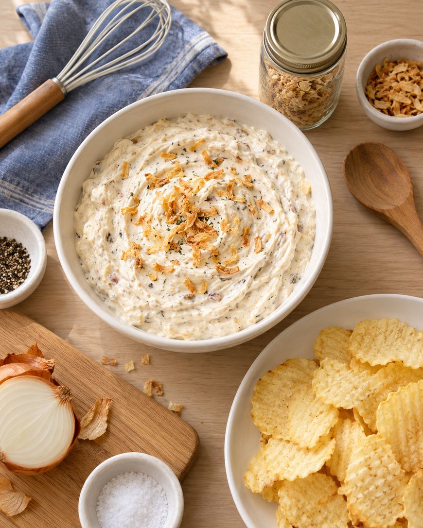 A bowl of creamy onion dip topped with crispy onions sits on a table with potato chips, a wooden spoon, a whisk, a jar of crispy onions, a small bowl of pepper, salt, and a sliced onion on a cutting board.