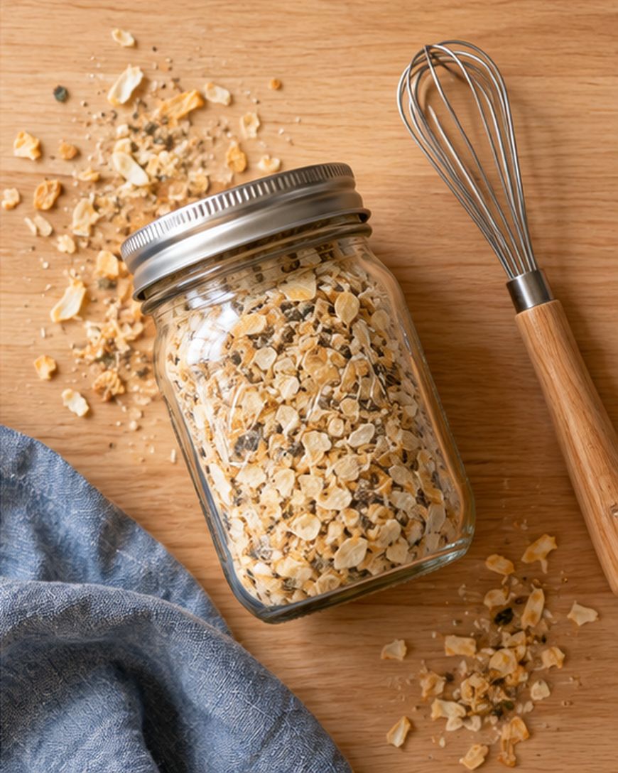 A glass jar filled with dried minced onions sits on a wooden surface next to a metal whisk and a blue cloth. Onion flakes are scattered around the jar.
