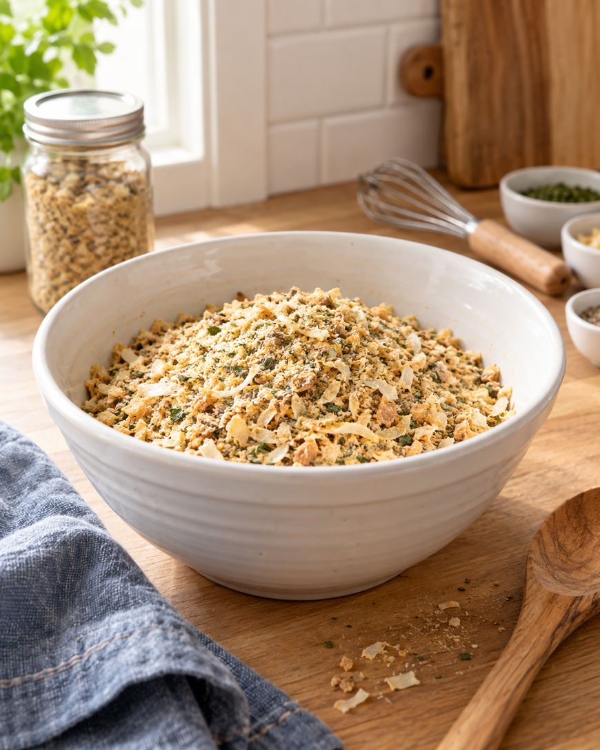 A white bowl filled with a dried onion soup mix sits on a wooden kitchen counter, surrounded by a jar of mix, a wooden spoon, a whisk, and small bowls of spices. Sunlight streams in from a nearby window.