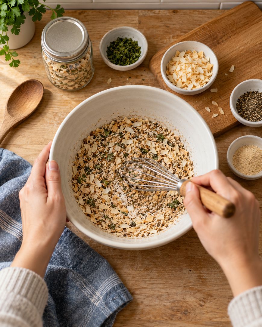 Hands whisking a mixture of dried herbs and onions in a white bowl on a wooden surface, surrounded by small bowls of spices, a jar, a wooden spoon, and a blue towel.