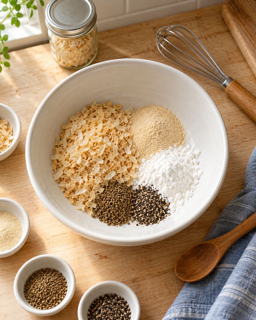 Large white bowl with dried minced onions, garlic powder, flour, and black pepper. Surrounding it are small bowls of spices, a wooden spoon, a whisk, and a jar of dried onions on a wooden surface.