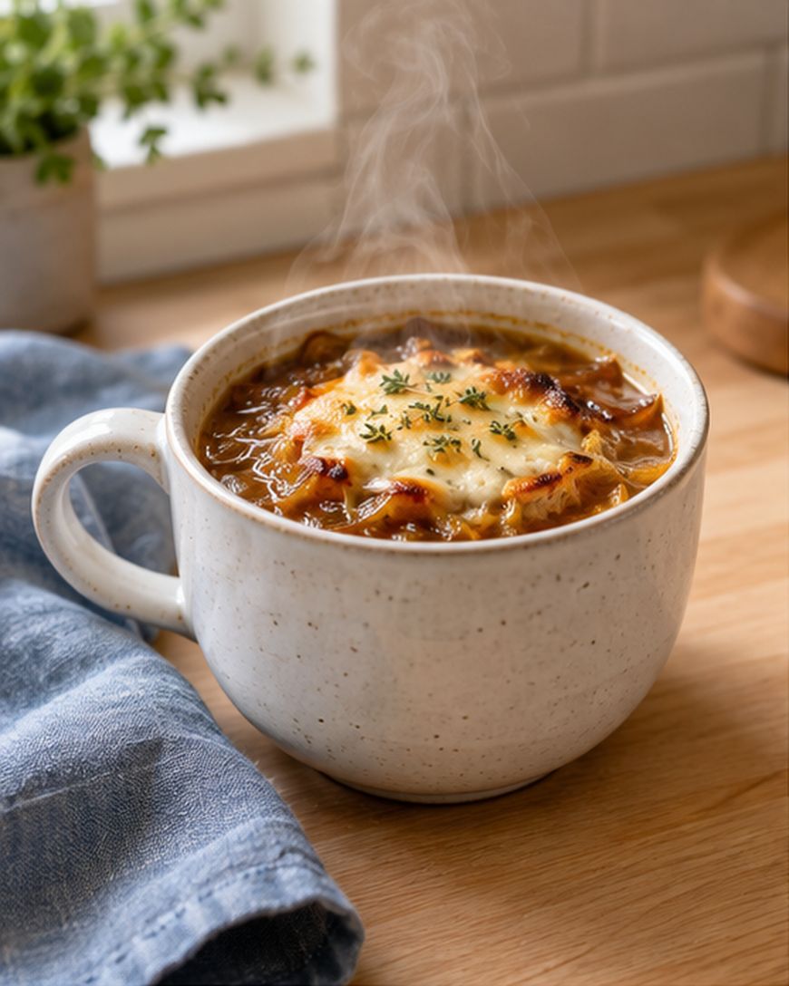 A steaming mug of French onion soup topped with melted cheese and herbs sits on a wooden counter beside a blue cloth, with a small potted plant in the background.
