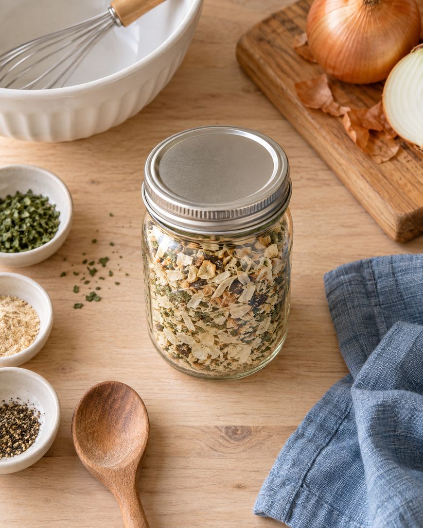 A jar of dried seasoning sits on a wooden table, surrounded by a wooden spoon, blue cloth, small bowls of spices, a mixing bowl with a whisk, and chopped onions on a cutting board.