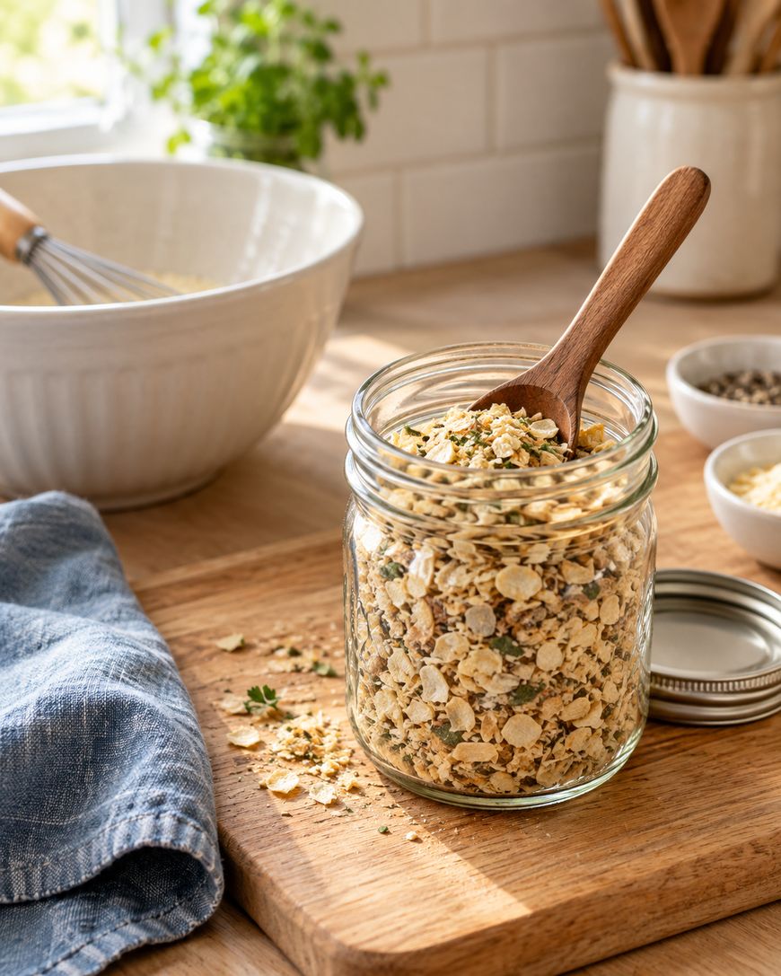 A glass jar filled with a homemade oat mixture sits on a wooden board. A small wooden spoon rests in the jar. A blue cloth, mixing bowl, and ingredients are in the background on a sunlit kitchen counter.