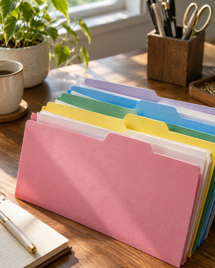 Colorful file folders—pink, blue, green, and yellow—stand on a wooden desk near a notepad, pen, cup of coffee, plant, and a container holding scissors and pens, with sunlight streaming in.