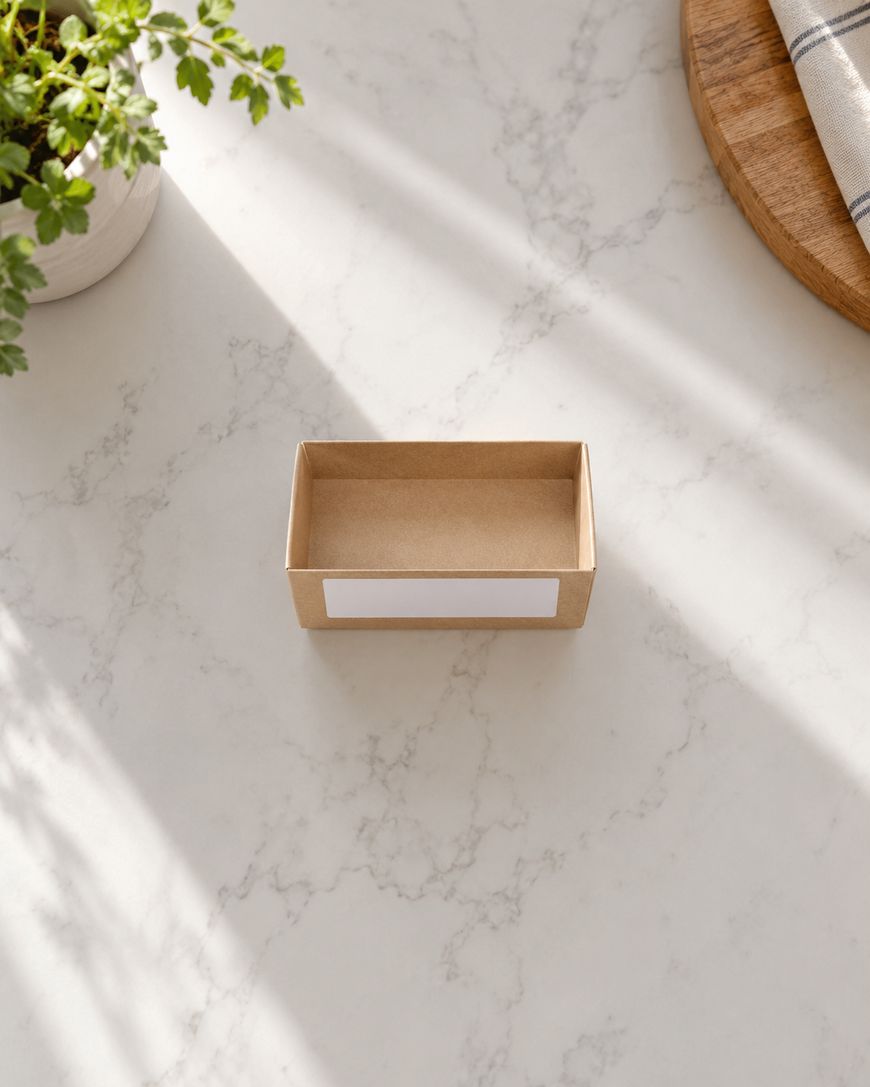 A small, empty cardboard box with a blank white label sits on a marble surface. Sunlight and plant shadows fall across the scene, and a round wooden board is partially visible in the corner.