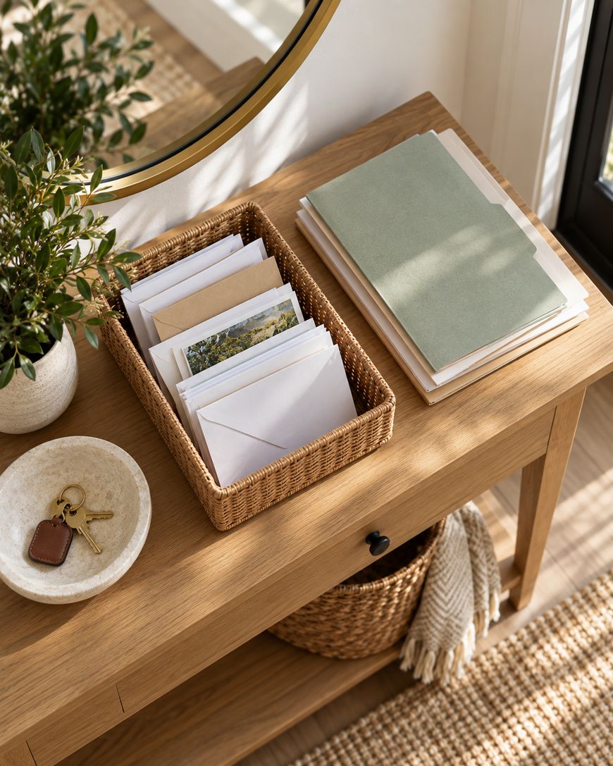 A wooden table with a basket of envelopes, a stack of folders, a bowl holding keys, a round mirror, a plant, and a woven basket underneath, in a bright, organized entryway.