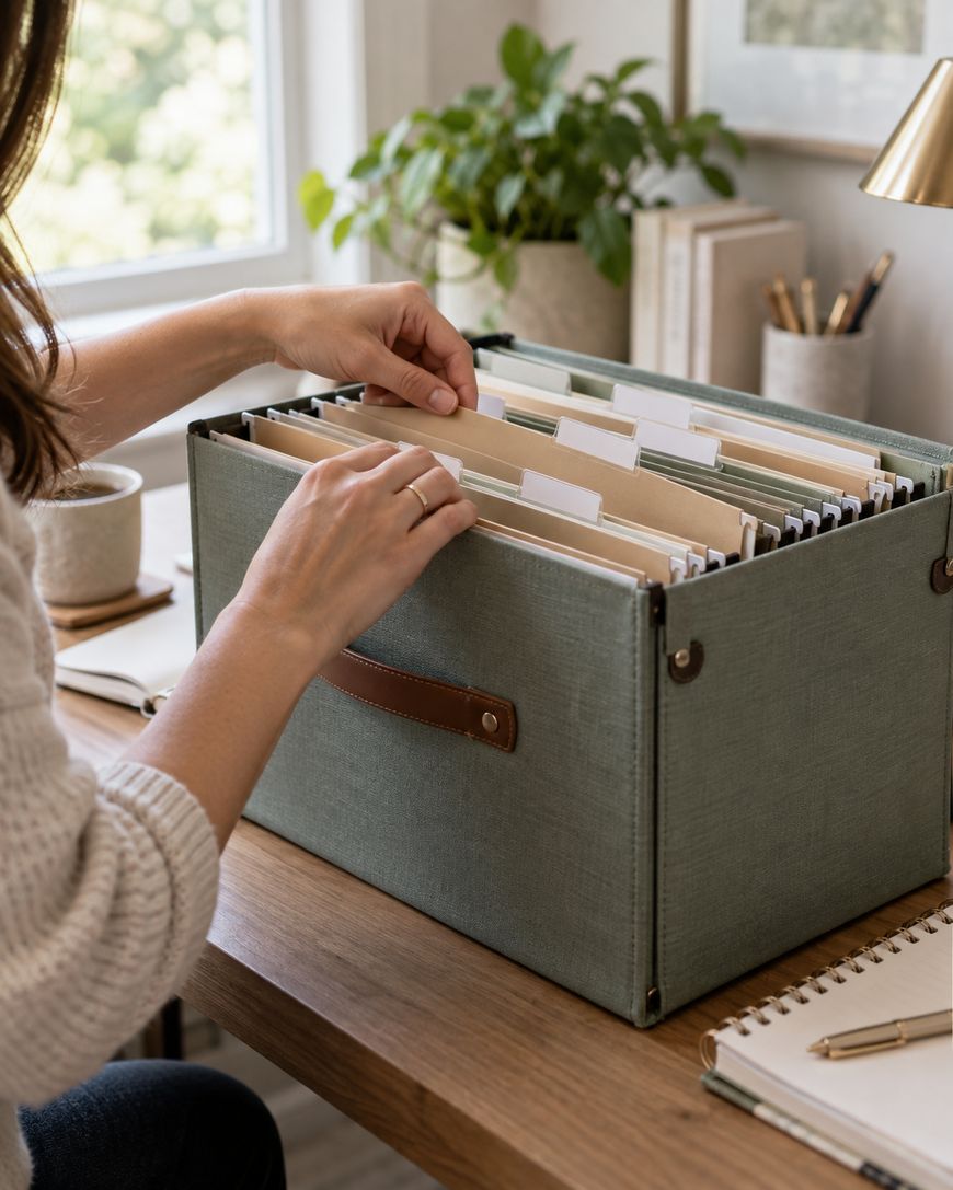 A person organizing file folders in a green fabric storage box on a wooden desk, with notebooks, a coffee mug, and plants nearby.