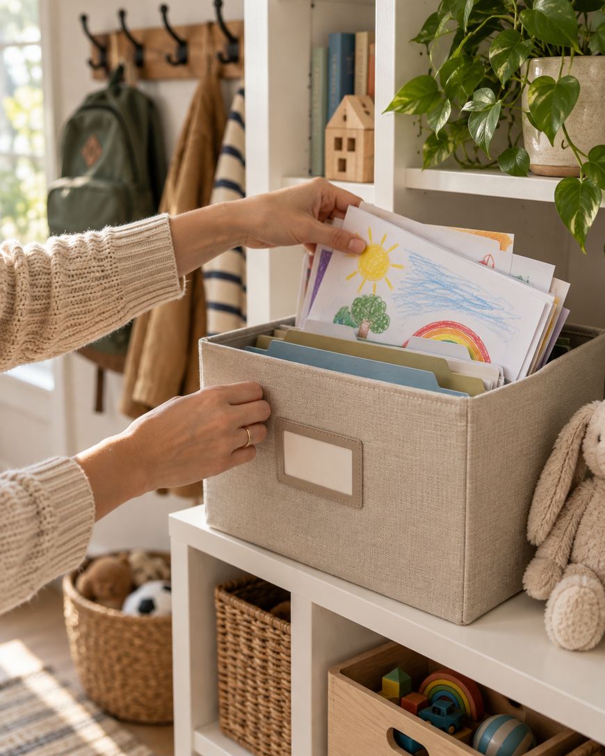 A person places childrens drawings in a fabric storage bin on a shelf, surrounded by baskets, toys, books, and plants in a bright, organized room.