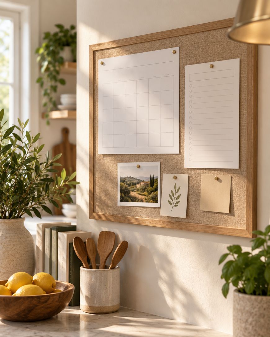 A corkboard with a blank calendar, to-do list, landscape photo, and leaf illustration is pinned above a kitchen counter with wooden utensils, lemons in a bowl, and potted plants, bathed in natural sunlight.