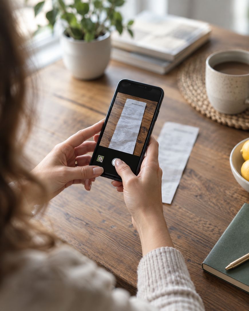 A person takes a photo of a paper receipt with a smartphone at a wooden table. Nearby are a cup of coffee, a notebook, a bowl of lemons, and a potted plant.