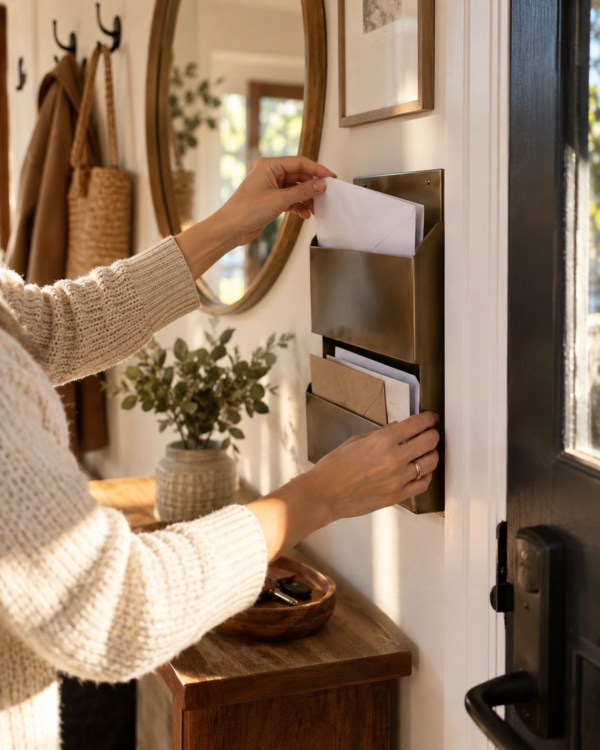 A person in a knit sweater sorts mail into a wall-mounted mail organizer near a door, with a round mirror, a vase, and coat hooks visible in a cozy entryway.
