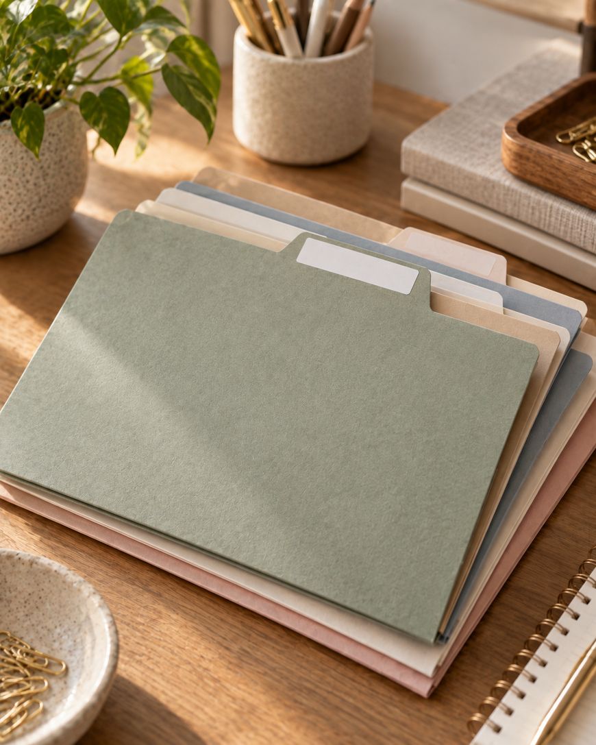 A stack of pastel-colored file folders sits on a wooden desk, surrounded by office supplies, a plant, and sunlight coming through a window.